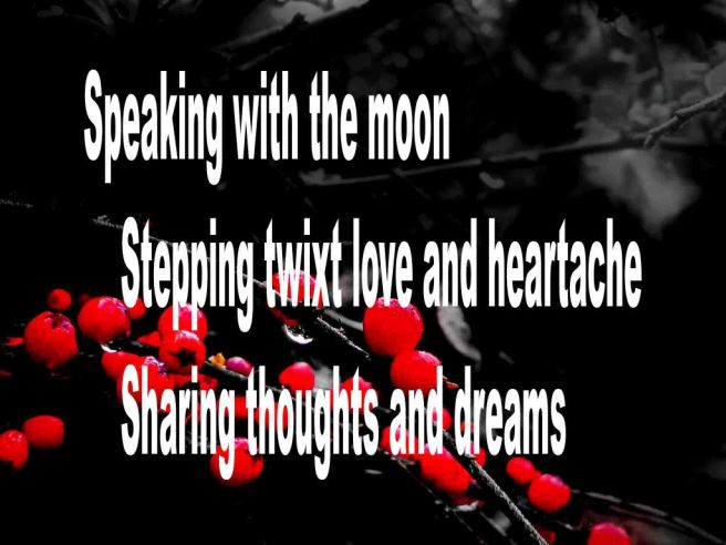 The image shows a spray of red berries on a black background on which is written a senryū poem titled Speaking with the Moon by the poet Goff James. The poem speaks of speaking with the moon, stepping twixt love and heartache and sharing thoughts and dreams.